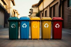 AI generated Eco friendly array Colorful recycling bins neatly lined up on a wall photo