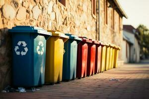 AI generated Eco friendly array Colorful recycling bins neatly lined up on a wall photo