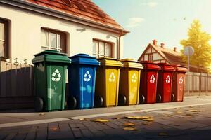 AI generated Rainbow recycling Bins in vivid colors create an eco friendly lineup photo