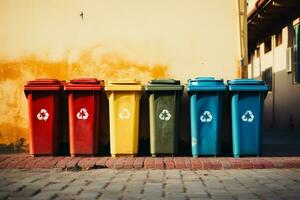 AI generated Eco friendly array Colorful recycling bins neatly lined up on a wall photo