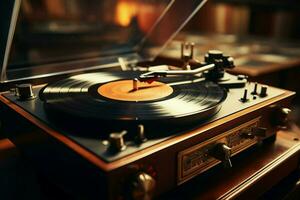 AI generated Vintage vinyl spins on an old record player in soft light photo