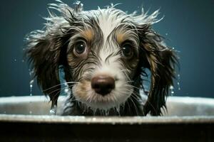 AI generated Cute puppy bath time wet fur, splashes, and absolute adorableness photo
