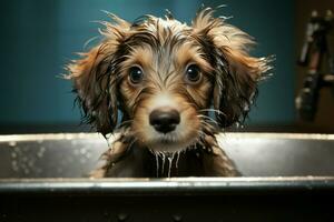 AI generated Puppy spa day adorable wet haired pet enjoys a refreshing bath photo