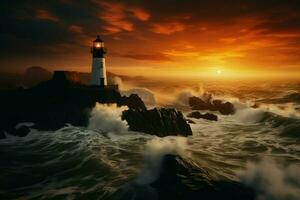 AI generated Cliffside sentinel coastal lighthouse graces rugged cliffs in the sunset photo