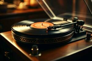 AI generated Vintage vinyl spins on an old record player in soft light photo