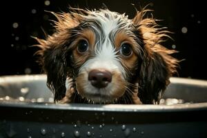 ai generado adorable perrito disfruta un refrescante baño, con mojado piel y monería foto