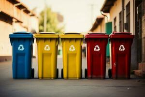 AI generated Eco friendly array Colorful recycling bins neatly lined up on a wall photo