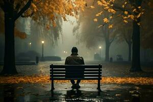 ai generado lluvia mojado soledad hombre en banco en parque, brumoso otoño antecedentes foto
