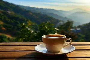 AI generated Mountain brew coffee cup on wooden table with scenic views photo