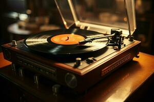 AI generated Soft lit nostalgia old record player gracefully spins vintage vinyl photo