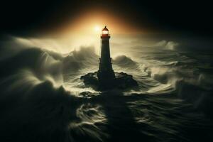 AI generated Majestic lighthouse rises proudly in a fog kissed and moody seascape photo