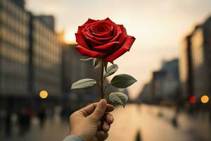 AI generated Urban romance Person holds red rose against vibrant city backdrop photo