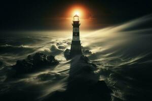 AI generated Foggy mystery surrounds a tall, proud lighthouse in the seascape photo