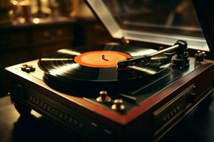 AI generated Nostalgic vibes vintage vinyl spins on an antique record player photo