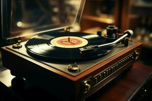 AI generated Timeless melody vintage vinyl turns on an antique record player photo