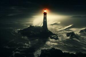 AI generated Foggy mystery surrounds a tall, proud lighthouse in the seascape photo