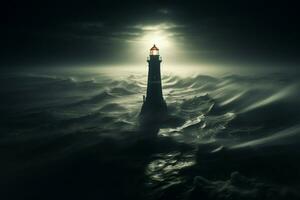 AI generated Majestic lighthouse rises proudly in a fog kissed and moody seascape photo