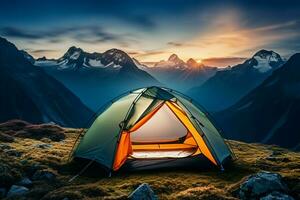 AI generated Mountain solitude a lonely tent stands alone against the peaks photo