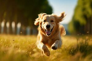 AI generated Golden delight Retriever enjoys a spirited run in the field photo
