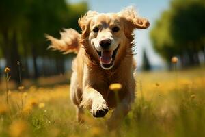 AI generated Energetic retriever bounds through lush field, a golden streak of joy photo