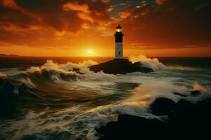 AI generated Sunset silhouette coastal lighthouse stands proudly on rugged cliffs photo