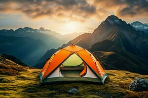 AI generated Mountain solitude a lonely tent stands alone against the peaks photo