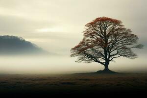 AI generated Ethereal beauty solitary tree rises from the mist in solitude photo