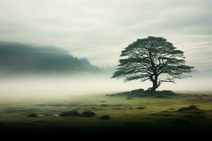 AI generated Majestic isolation a solitary tree emerges from the mist alone photo