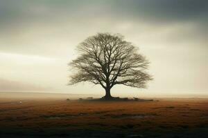 AI generated Misty ambiance a solitary tree stands tall in the open photo