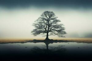 AI generated Misty ambiance a solitary tree stands tall in the open photo