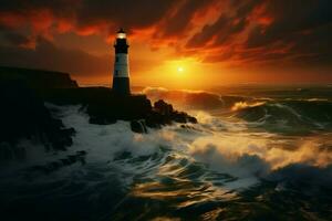 AI generated Sunset guardian coastal lighthouse on rugged cliffs stands tall photo