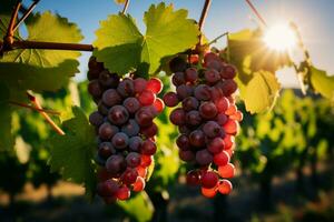 ai generado viñedo gemas uvas madurar en vides, remojo en soles calor foto