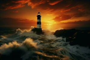 AI generated Evening watch coastal lighthouse atop rugged cliffs against a sunset backdrop photo