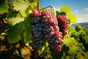 AI generated Vineyard abundance Grapes thrive on vines, promising bountiful harvest photo