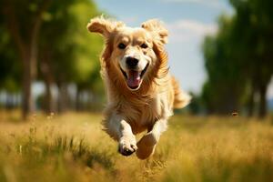 AI generated Energetic retriever bounds through lush field, a golden streak of joy photo