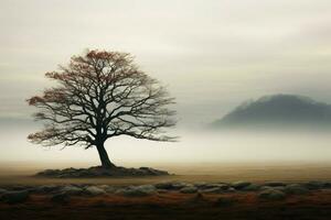 AI generated Misty ambiance a solitary tree stands tall in the open photo