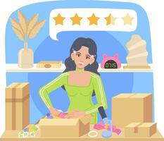 Product Review blogger concept. Young fashionista girl unpacking boxes on the desk and ranking three of five stars on camera in home studio background. vector