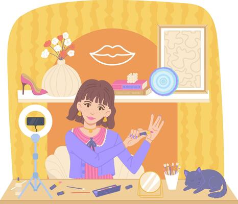 Beauty blogger makeup review. Girl with cosmetic products talking on camera with cat on room interior background.