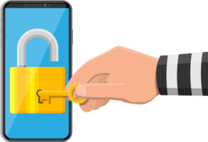 ladrón o hacker mano utilizar llave a abierto teléfono inteligente png