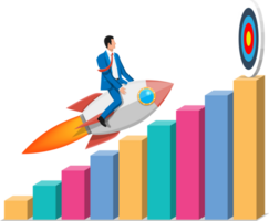 Successful business man flying on rocket on graph png