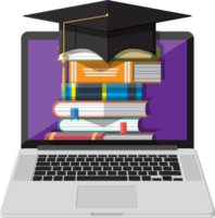 Notebook, hat and stack of book. Online education png