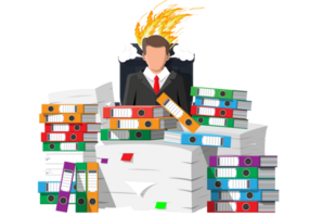 Businessman in pile of office papers png