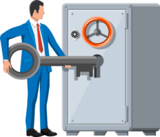 Businessman with key near vault room safe door. png