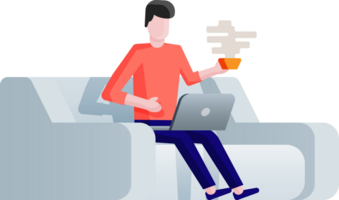 Freelancer on sofa working at home with laptop png