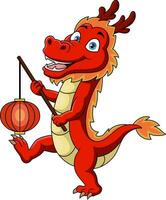 Cute red dragon cartoon holding chinese lantern vector