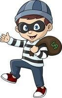 Cute thief cartoon carrying a bag vector