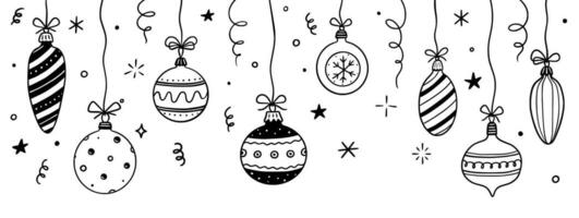 Doodle christmas ball element background. Hand drawn sketch line style xmas ball. Cute merry christmas bauble for border, background design with text place. Isolated vector