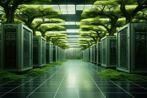 AI generated A 3D render of a futuristic corridor with trees and glass panels, Bright server room with trees and grass growing out of servers, AI Generated photo