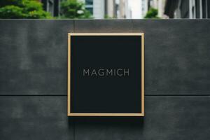 AI generated Mock up of a black signboard on the wall of a building, Black square signboard mockup outside of a building, AI Generated photo
