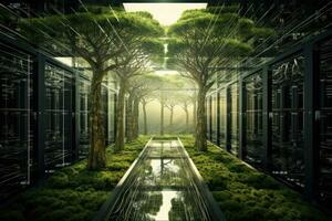 AI generated Digital composite of Network servers in a data center with green trees in the background, Bright server room with trees and grass growing out of servers, AI Generated photo